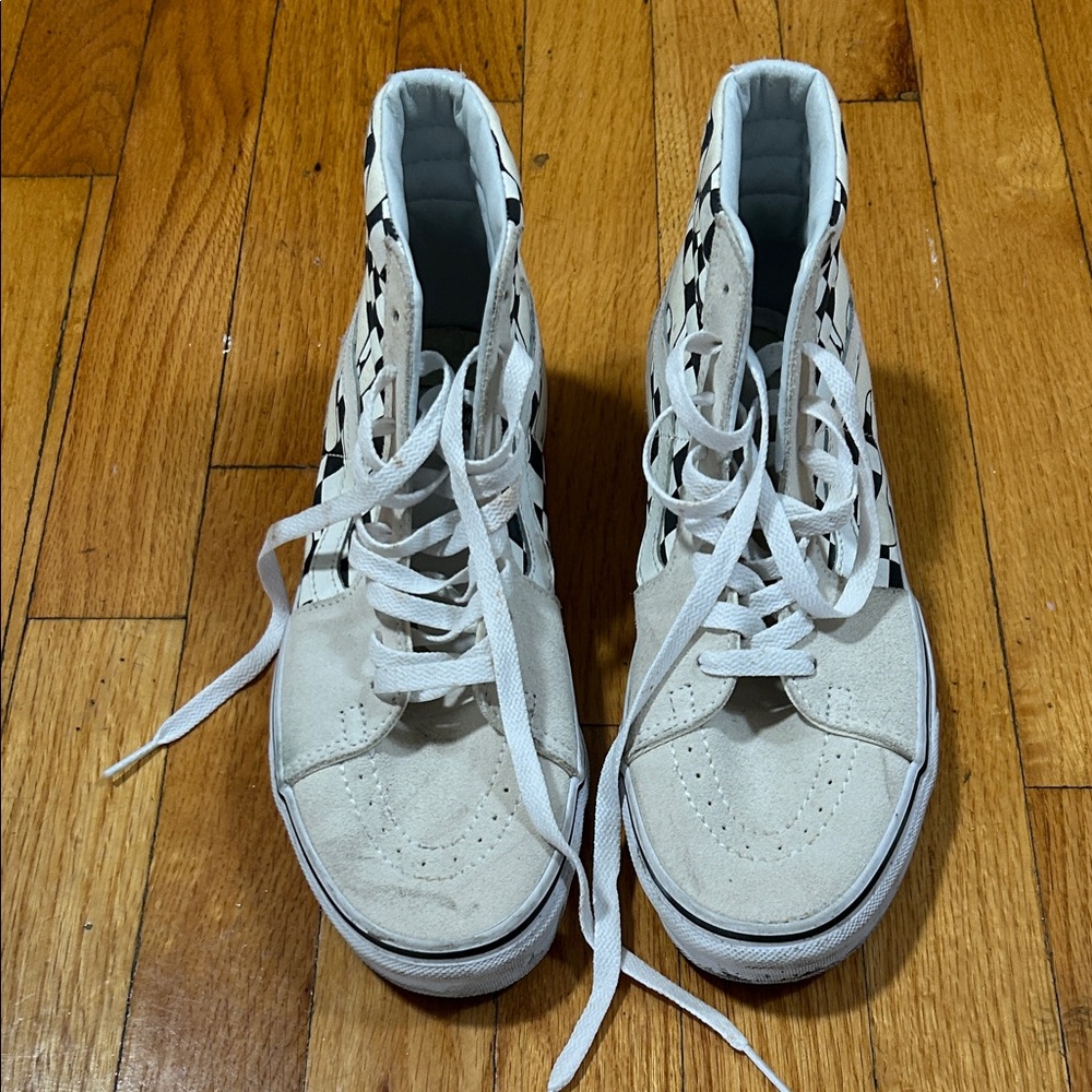 Vans White and Black Checkered High-Top Sneakers